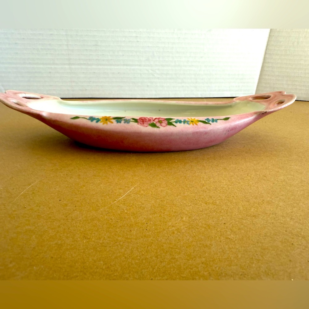 Limoges France Oblong Porcelain Dish Pink w/Flowers on Sides Signed by Artist